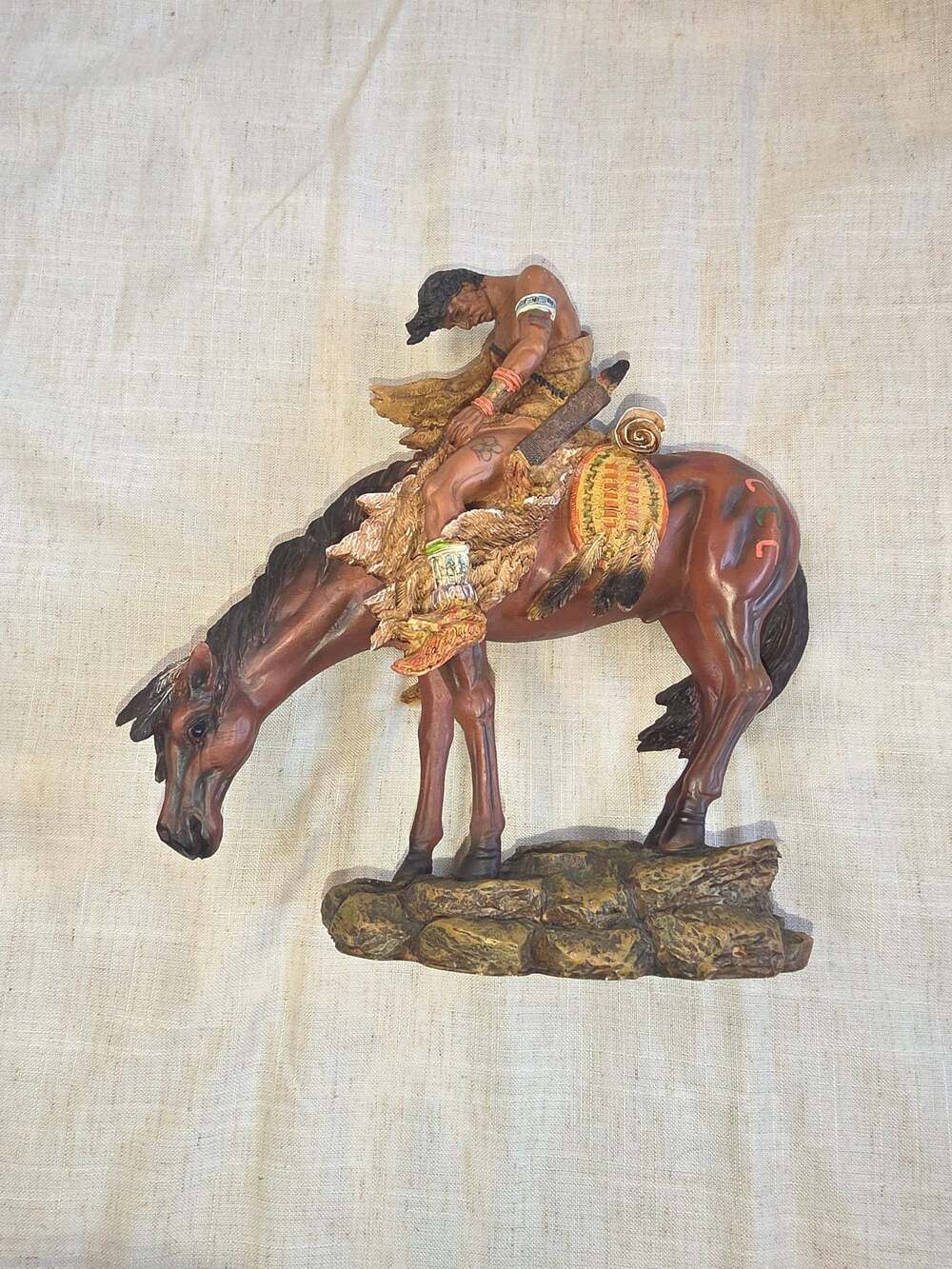 Native American Warrior on Horseback Resin Statue Figurine